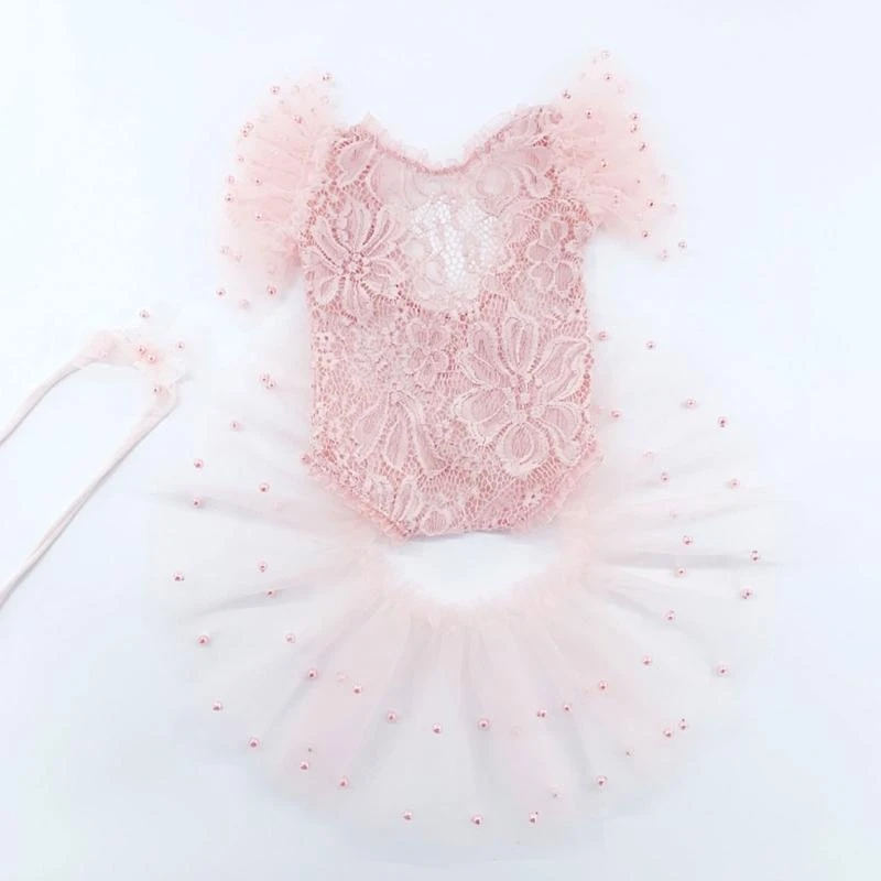J15U Newborn Photo Props Headband & Tulle Tutu Lace Dress Baby Photo Set Infant Headdress Romper Suit for Boys Girls