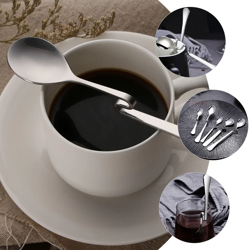 

4pcs Coffee Spoons Stainless Steel Curved Handle Long Mixing Spoon for Hanging on Cup Reusable Easy Clean Kitchen Tool
