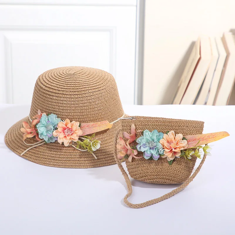 Girls Straw Hat Set Tourism Sun Hat Flower Children Sun Hat and Bag Set Baby Outdoor Wide Brim Bucket Hats Set