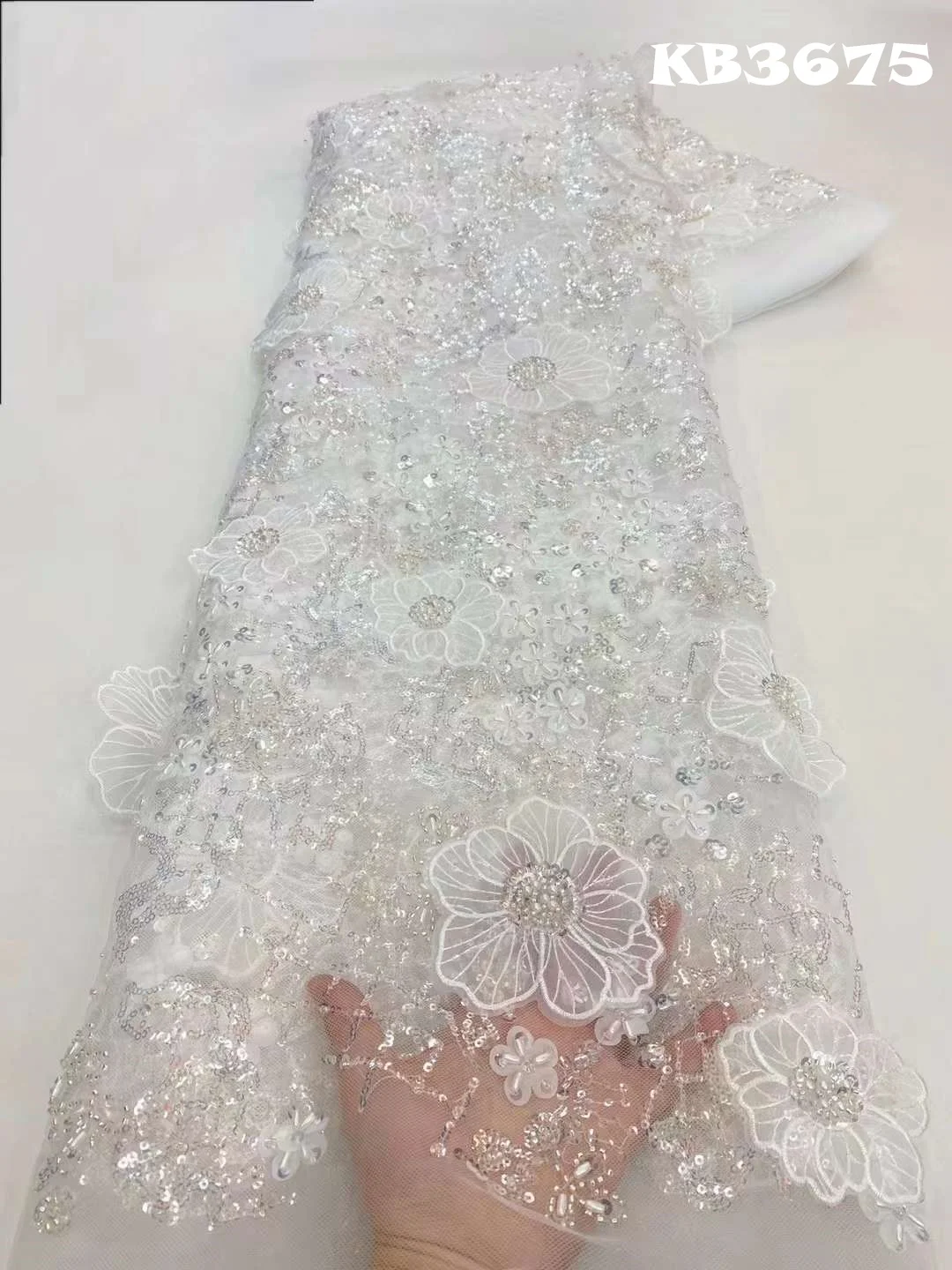 High Quality African Green 3D Flower Beaded Tulle Lace Fabric 2024 Nigerian Sequence Embroidered Lace For Wedding Dresses KB3675