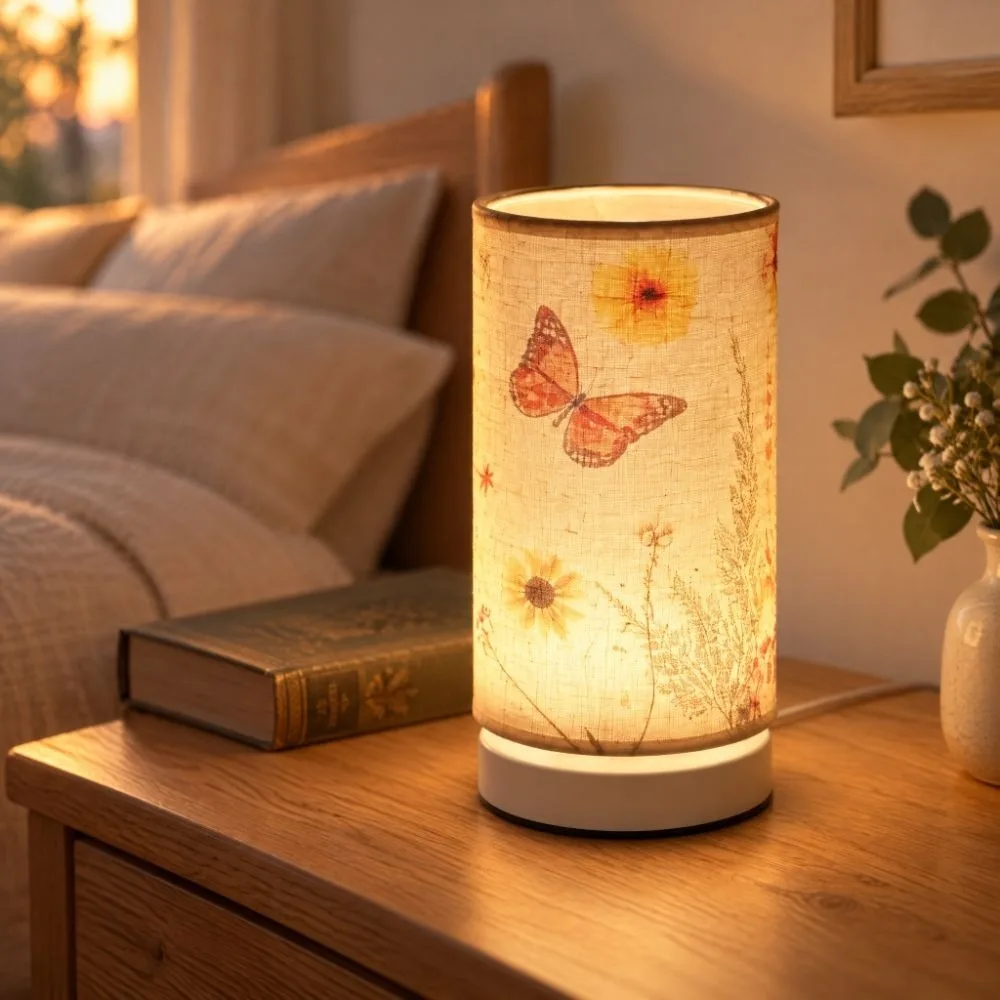 LED Bedside Night Lamp USB Plug in Linen Desktop Decoration Lamp Cylinder Lamp Shade Three Colors Adjustable Table Lamp Bedroom