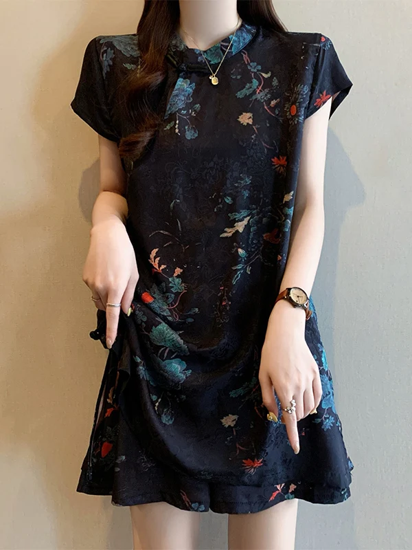

plus Size Women's Summer Fashion Set Ultra Thin Chiffon New Chinese Style National Trend Improved Two Piece Set