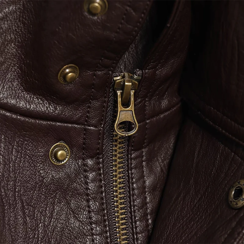 レディースレザースタンドカラーショートジャケット、仕事用ポケットとメタルジッパー付き、秋と冬のカジュアルレトロジャケット、女性服