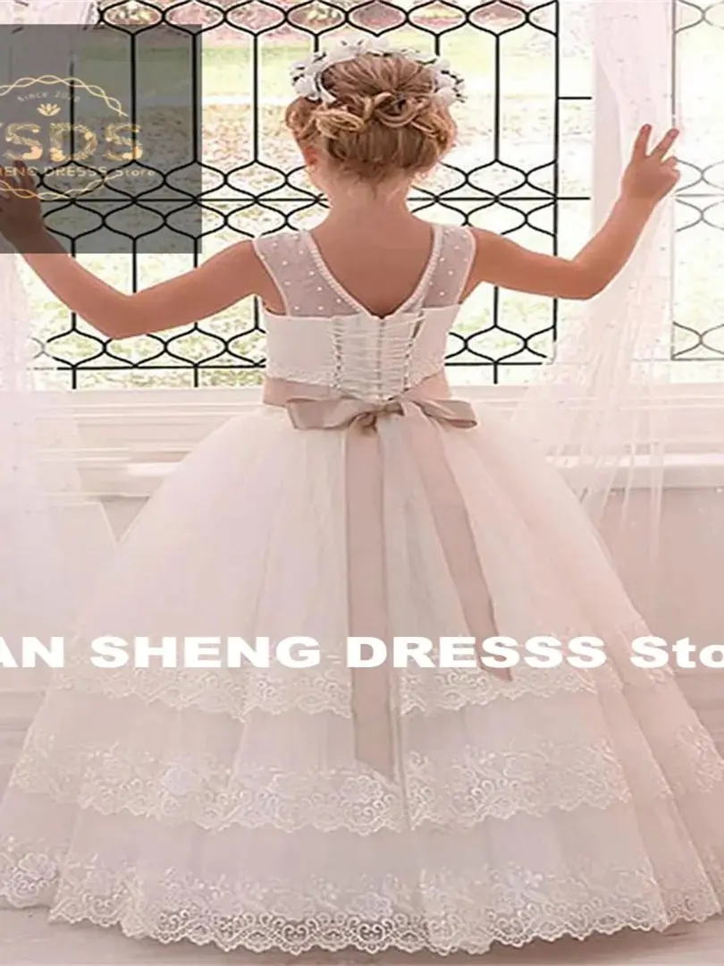 Cascading Lace Flower Girl Dresses For Weddings First Communion Dresses With Ribbons Girls Pageant Gown