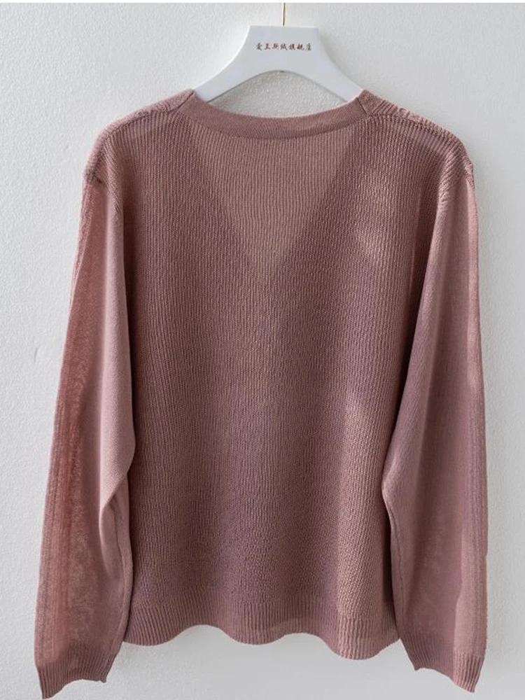 Hollow Out Knit Ice Silk Loose Cardigan Long Sleeve Outwear Spring Tops Korean Casual Elegant Coat Knitwear V-neck New Jackets