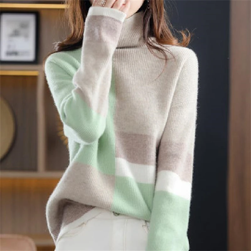 Women Trendy Contrast Color Turtleneck Soft Warm Knitted Sweaters Autumn Winter Casual Long Sleeve Loose Pullover Tops Jumpers