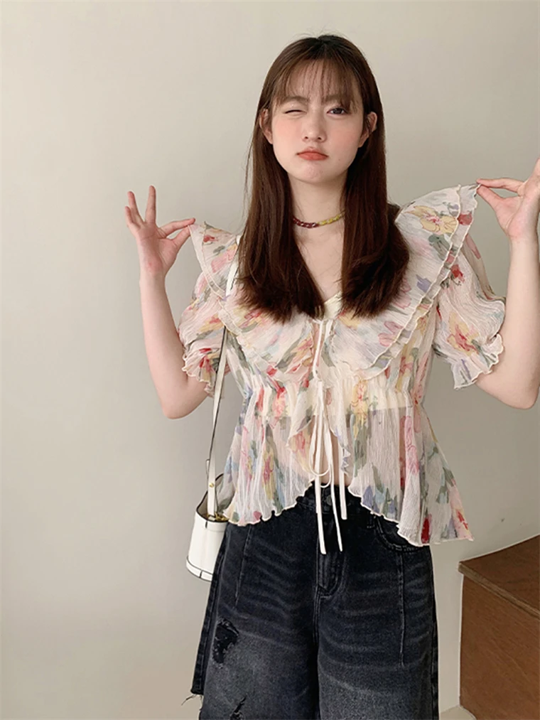 

Floral Print Women Blouse 2025 Summer New Puff Sleeve V-Neck Lace Up Elegant Shirts Ladies Chic Casual Crop Tops blusas mujer