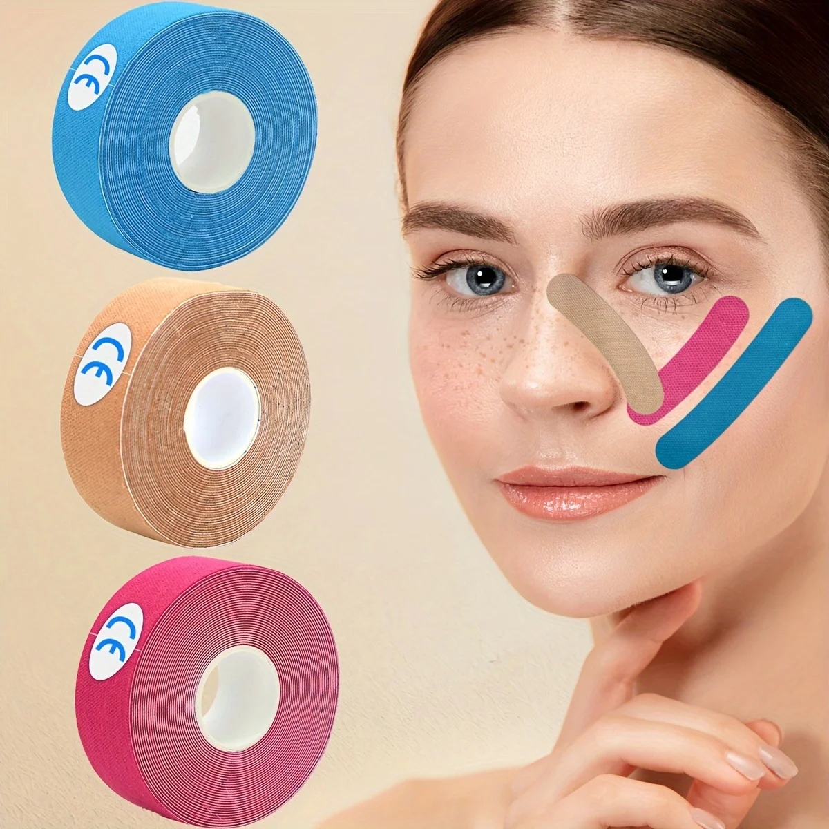 3 Rolls Facial Kinesiology Tape, 5M Elastic Face Lifting Tape 7 Colors Optional, Anti Wrinkle Skin Tightening Beauty Muscle Tape