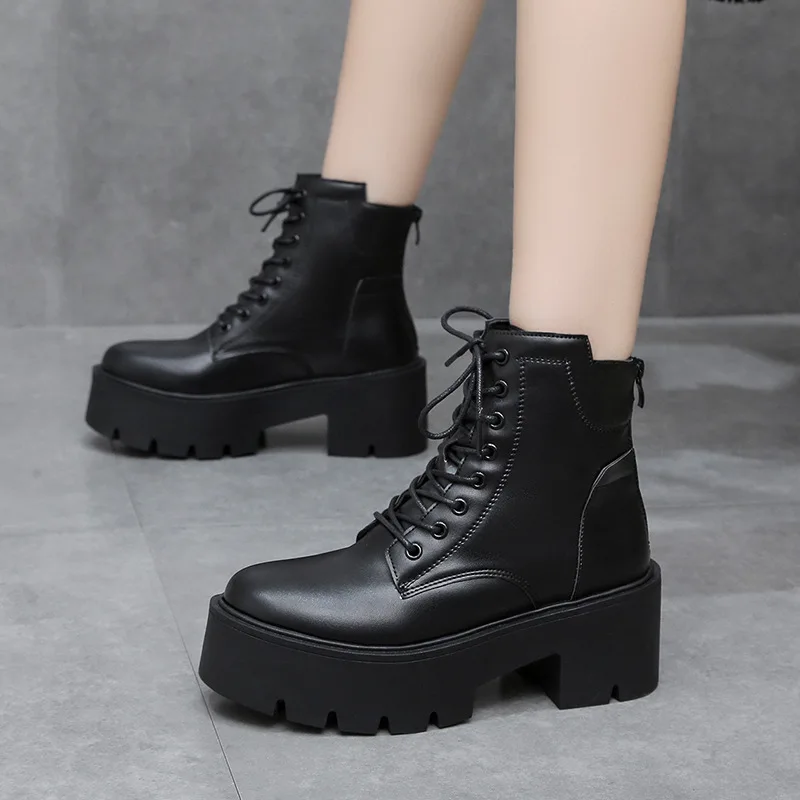 

Black PU Leather Boots Women New Spring Autumn Round Toe Lace Up Shoes Woman Motorcycle Platform Boots Ladies Western Boots