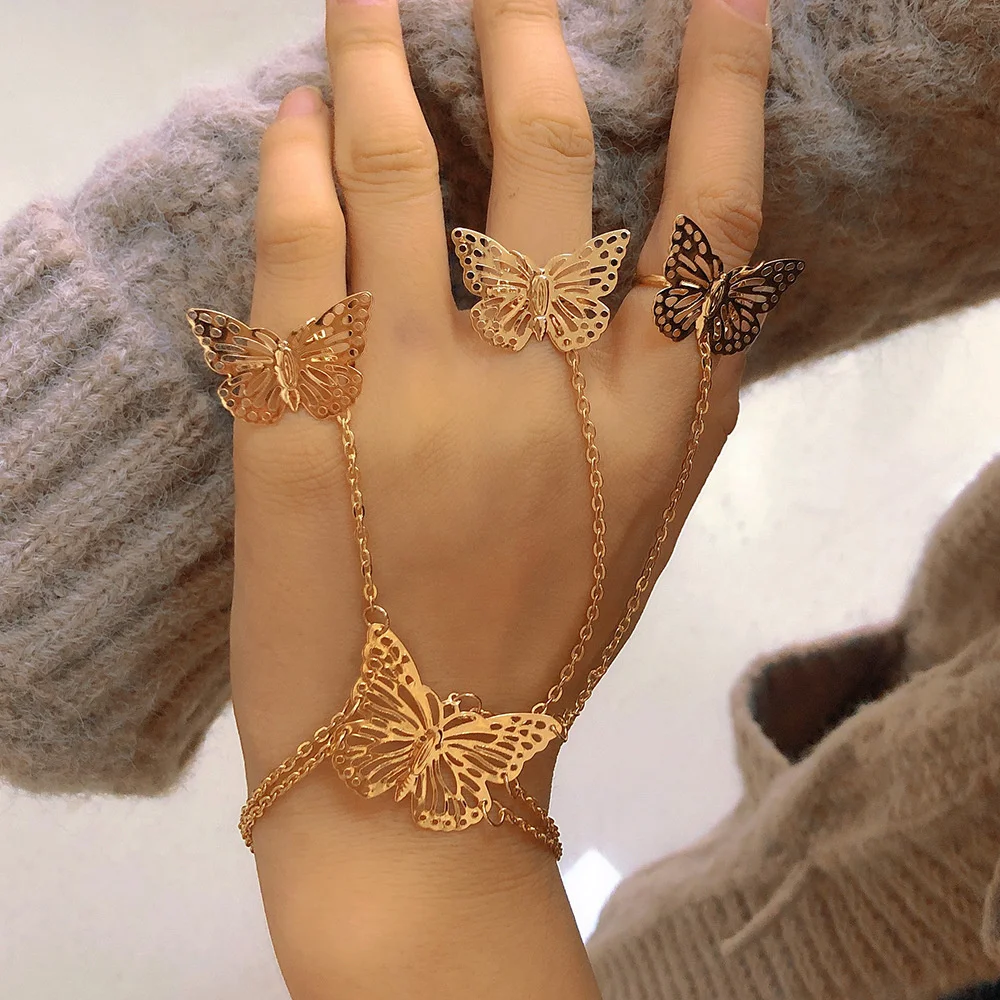 Sweet Hollow Butterfly Bracelet for Women Fashion Metal Adjustable Butterfly Bracelet and Ring Together Jewelry Accessories 2023