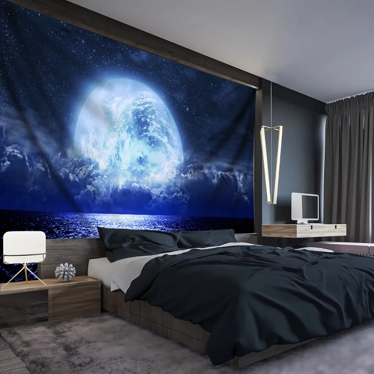 Moonlit Ocean Tapestry Polyester Wall Hanging Boho Living Room Bedroom Cosmic Night Art 180x320cm71x126in