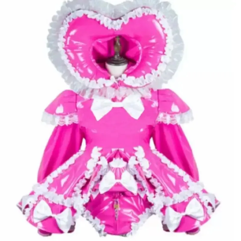 

Sexy Sissy Adult Baby Pink PVC Lockable Ruffle Dress Maid Cosplay Costume Customizable