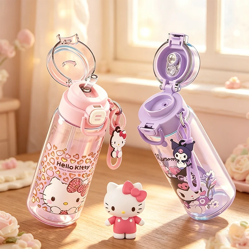 X&W Sanrio Kids Water Bottle BPA Free Hello Kitty Straw Cup with Cleaning Brush 750ML Portable Tumbler with Handle for Students