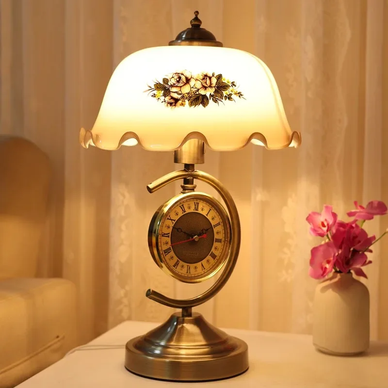 European Retro Nostalgic Study Living Room Bedside Clock Desk Lamp