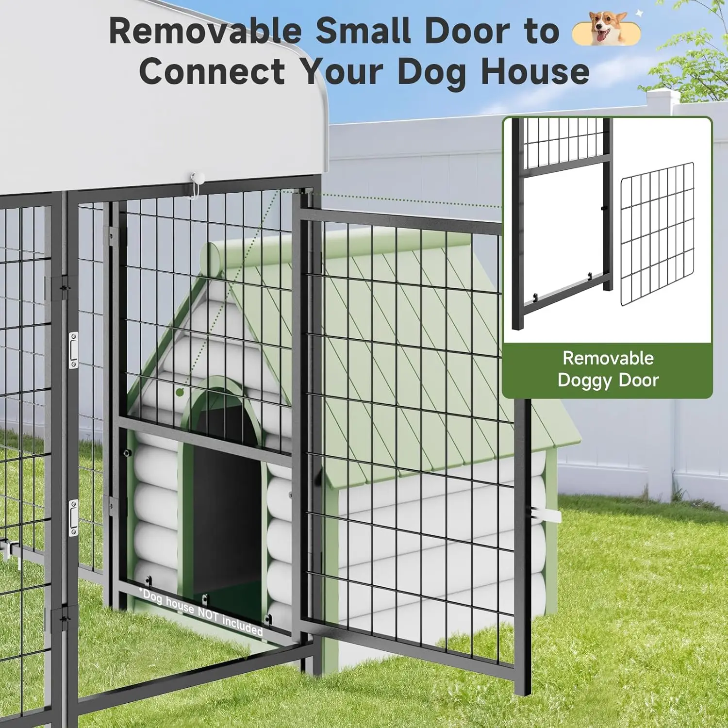 Dog Kennel Pen Outside Outdoor Dog Run with Roof, Feeders/Removable Doggy Door Allow Connecting Your Dog House