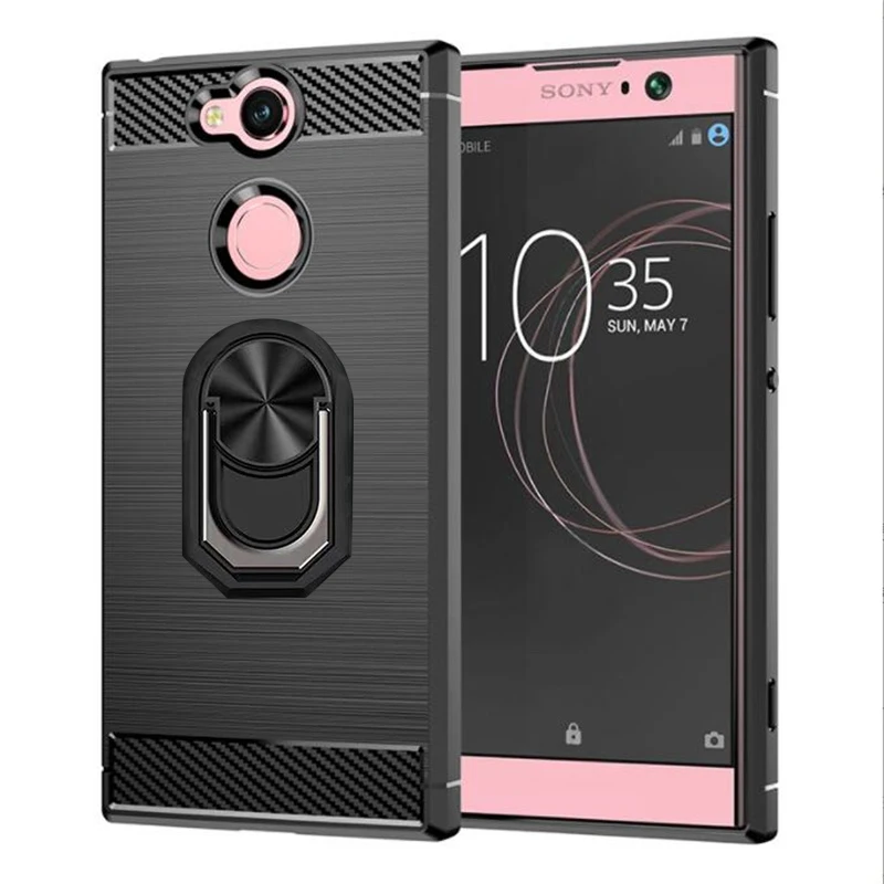 Carbon Fiber Brushed Shockproof Soft Cover For Sony Xperia XA2 Plus H4413 XA2Plus XA2 Ultra H4213 Magnetic Ring Holder Case