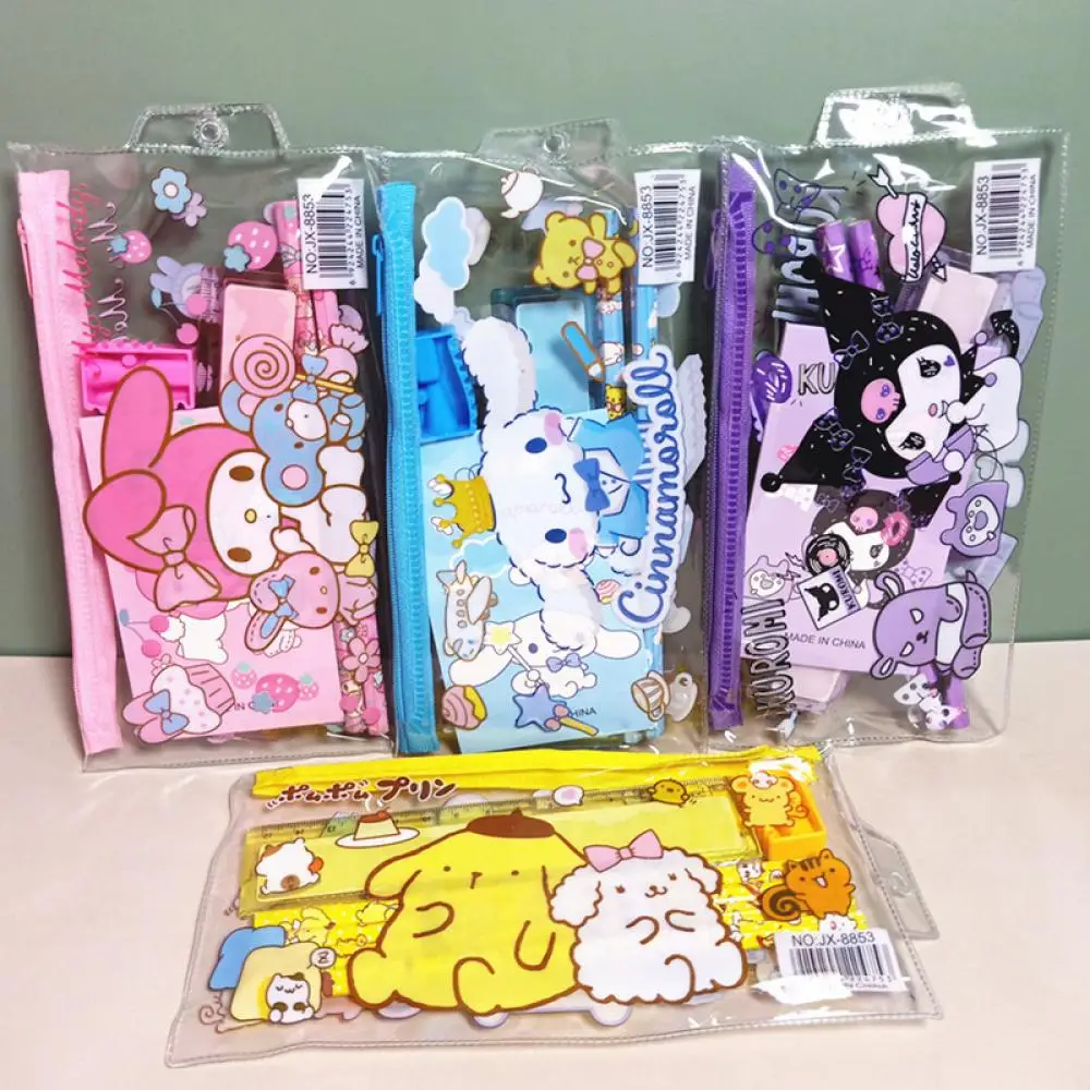 Anime Sanrio Melody Kuromi Stationery Set Cinnamoroll Student Cartoon Pencil Eraser Ruler Pen Bag Storage Set School Supplies