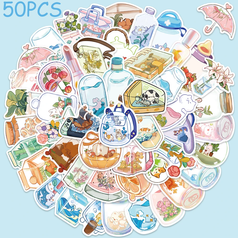 

50pcs Transparent Things Illustration Stickers Decals For Phone Laptop Luggage Skateboard Guitar Aesthetic Waterproof Stickers