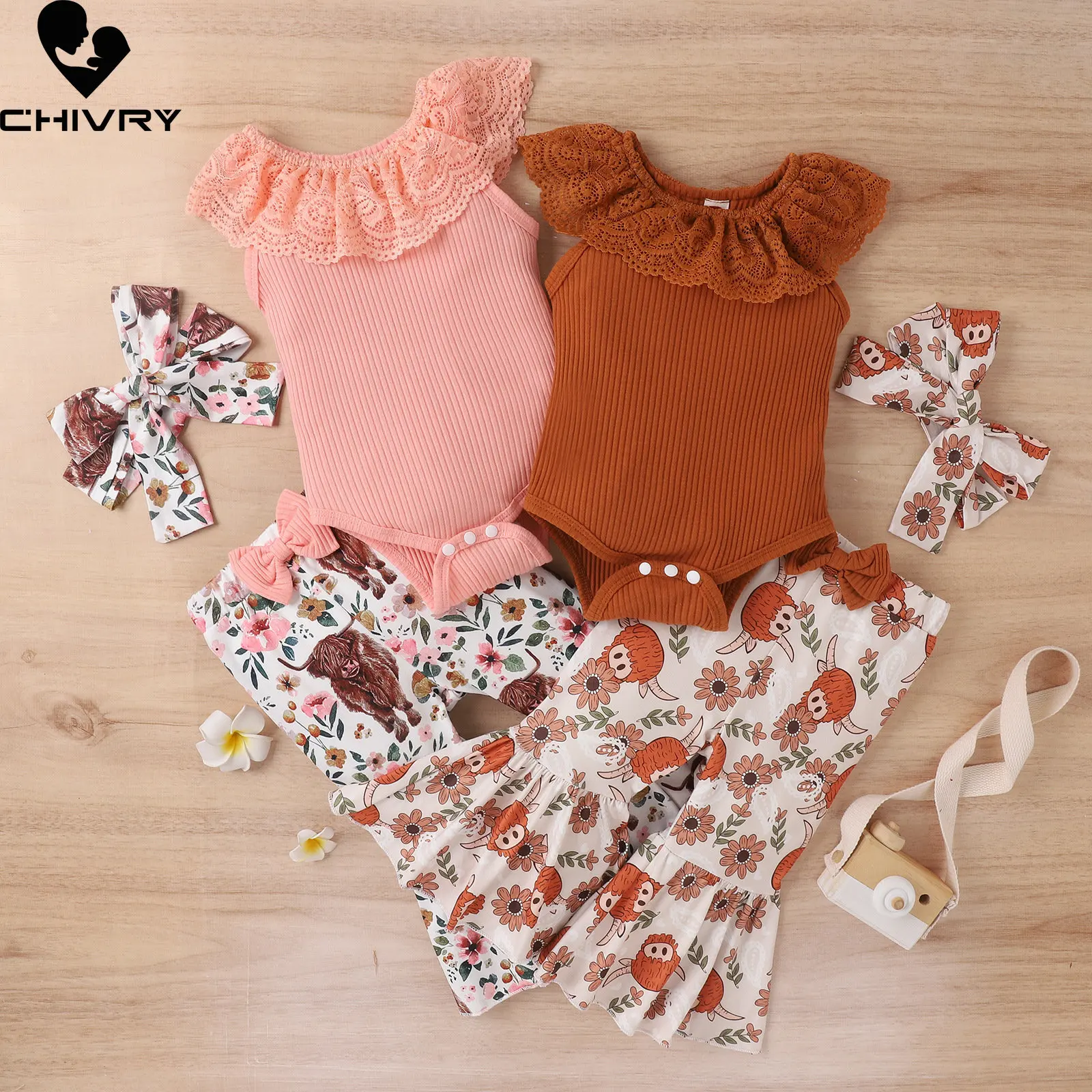 Baby Mädchen Kleidung Setzt Neue 2023 Sommer Neugeborenen Mädchen Spitze Rüschen Solide Bodysuit mit Mode Cartoon Floral Ausgestelltes Hosen