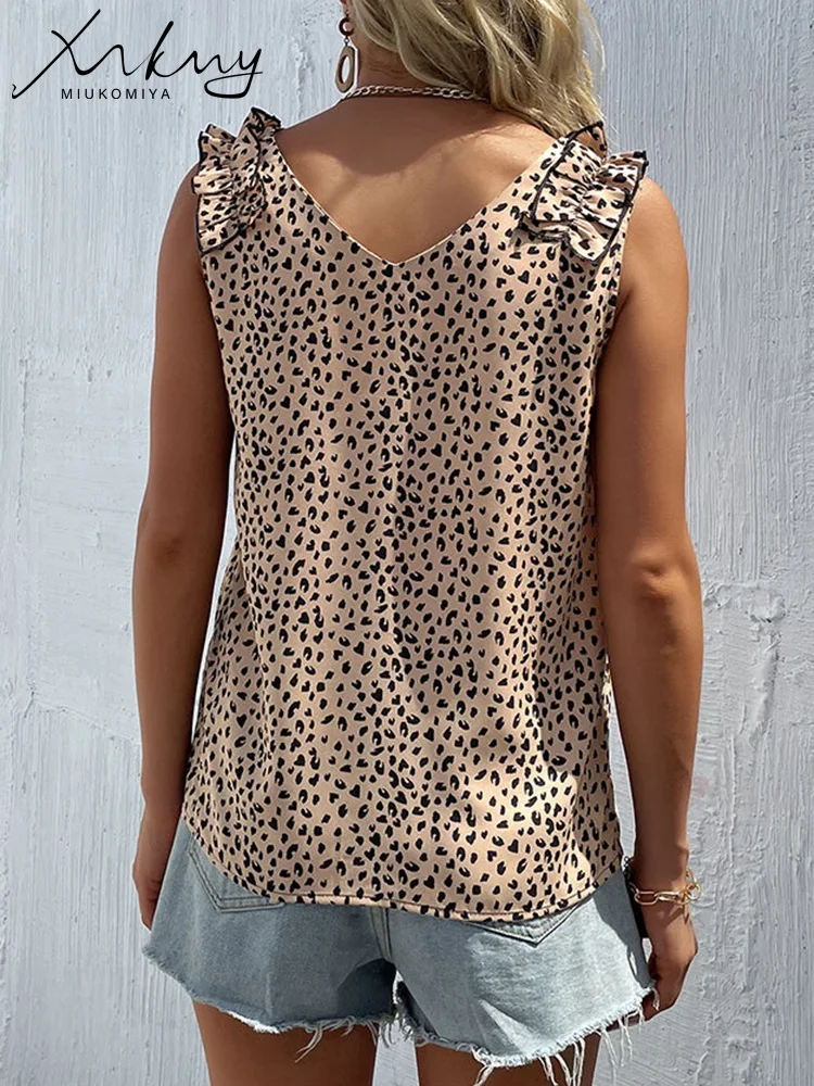 MiuKoMiYa Summer Leopard Chiffon Blouse Women Tops Sleeveless V Neck Office Tank Blouses Ladies 2023 Khaki Leopard Blouse Woman