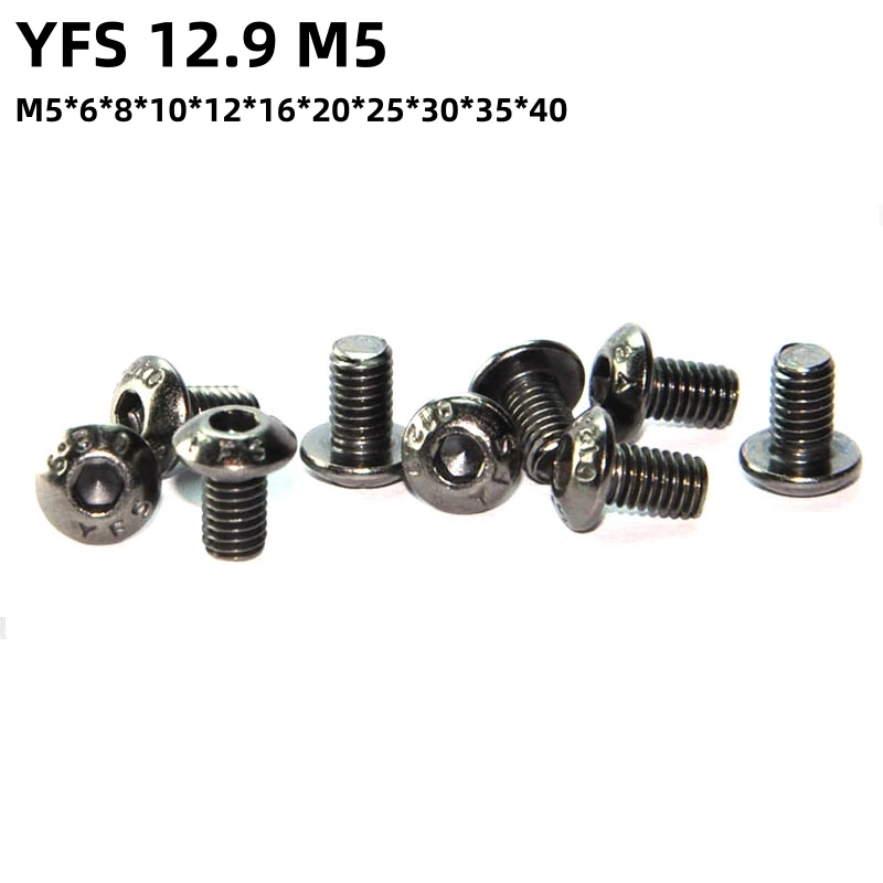 

100PCS YFS M5 Half Round Head Hexagonal Socket Screw M5*6*8*10*12~40mm Grade 12.9 Black Nickel Plating Antirust Screws