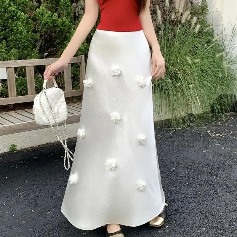 Nova moda de luxo 3d saia floral feminina verão cetim cintura alta magro elegante festa sereia saias cor sólida longo jupe