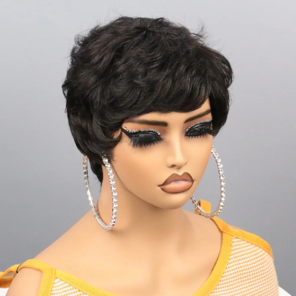 Short Bob Wig Human Hair for Black Women Pixie Cut Wigs Human Hair Wig Glueless Wig None Lace Front Wig with Bangs Natural Black