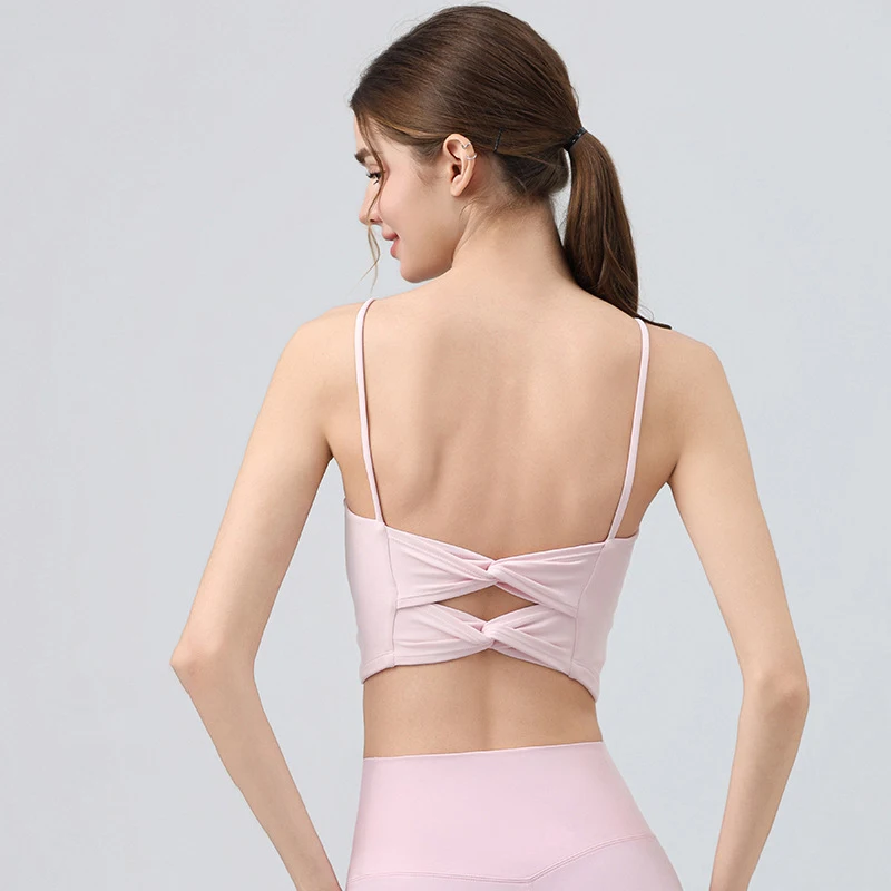 Yoga Wear Women's Chest Cushion Sports Vest Pilates Training Suit Solid Color Suspender Backless Top New Sports Fitness Top