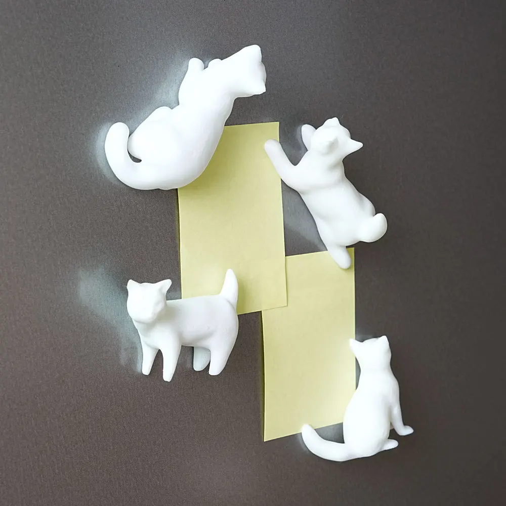 Cat Shaped Magnets 4pcs for Fridge Magnetic Board Office Desk Lying Standing Sitting Stretching Pose Resin PVC Matte White Black