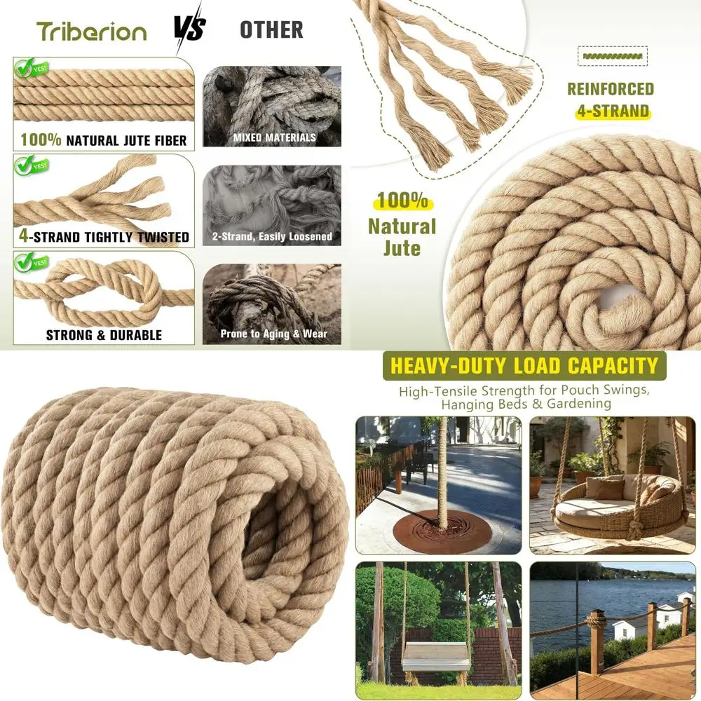 

Прочная 2-дюймовая 50-тонная веревка из натурального манильского каната для внутреннего и наружного использования, идеально подходит для декора, качелей, морских видов спорта, перетягивания каната и охоты.