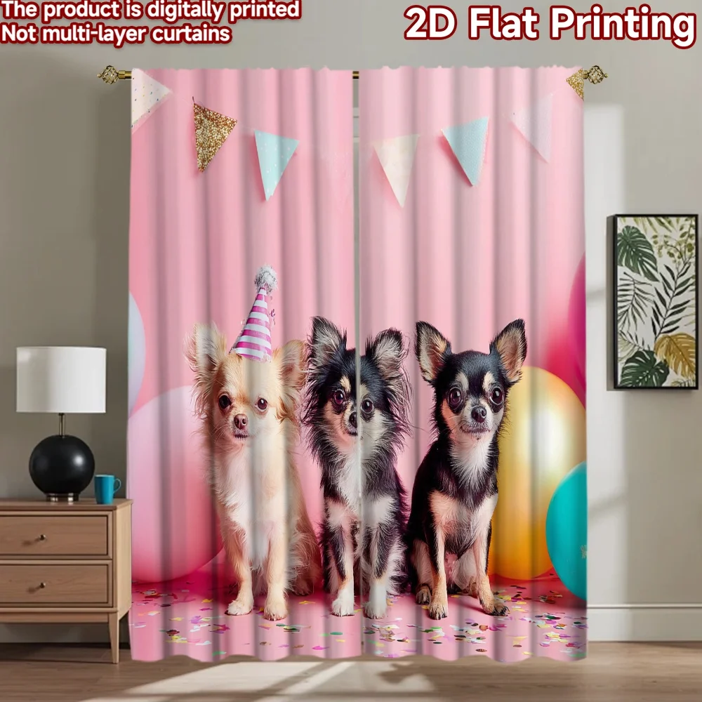 2D flat printing 2pcs Party Window Curtains Cute Chihuahuas Party Animals Birthday Digital Printed Polyester Drapes Festive