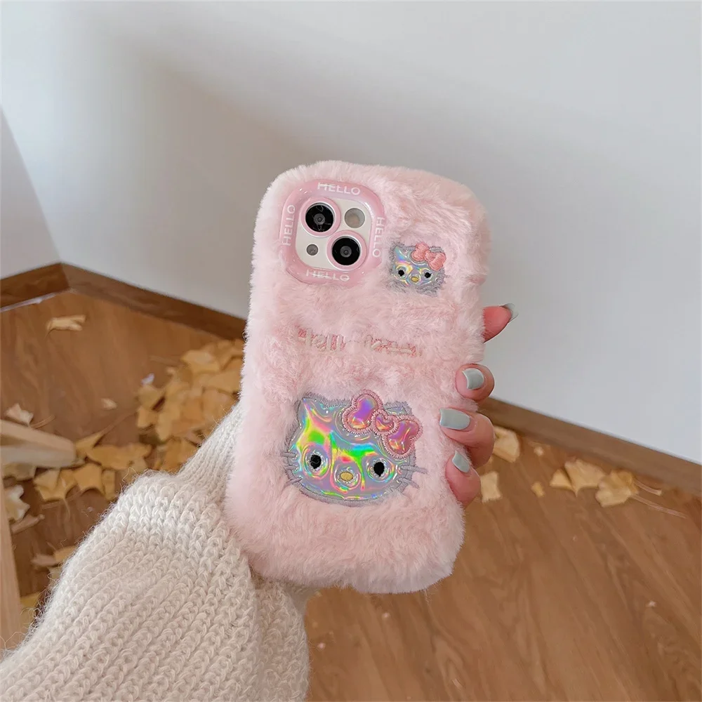 Cute Cartoon Anime Role Hello Kitty Plush Phone Case for IPhone 11 12 13 14 15 Pro Max Soft Lovely Fuzzy Anti-fall Back Cover