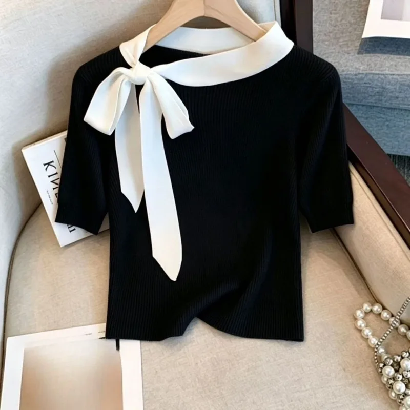 Fanan Knit T Shirt for Women Color Block Spring Summer Bows Ropa De Mujer Korean Fashion Slim Fit Versatile Elegant Cropped Tops