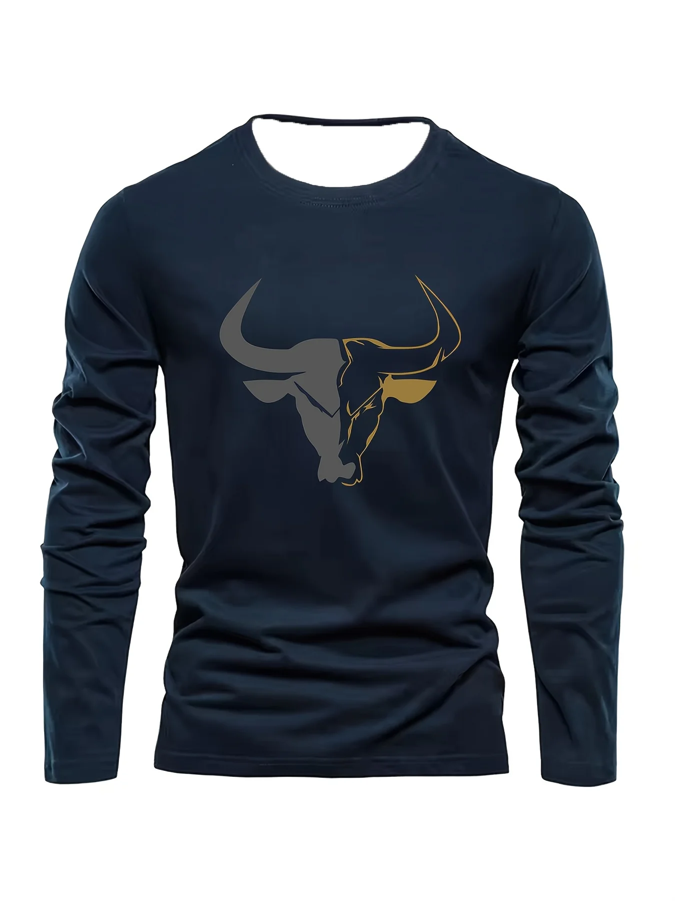 Men's Versatile Loose Fit Plus Size Comfortable Daily Casual Sports Bull Pattern Printed Round Neck Long Sleeved T-shirt Top
