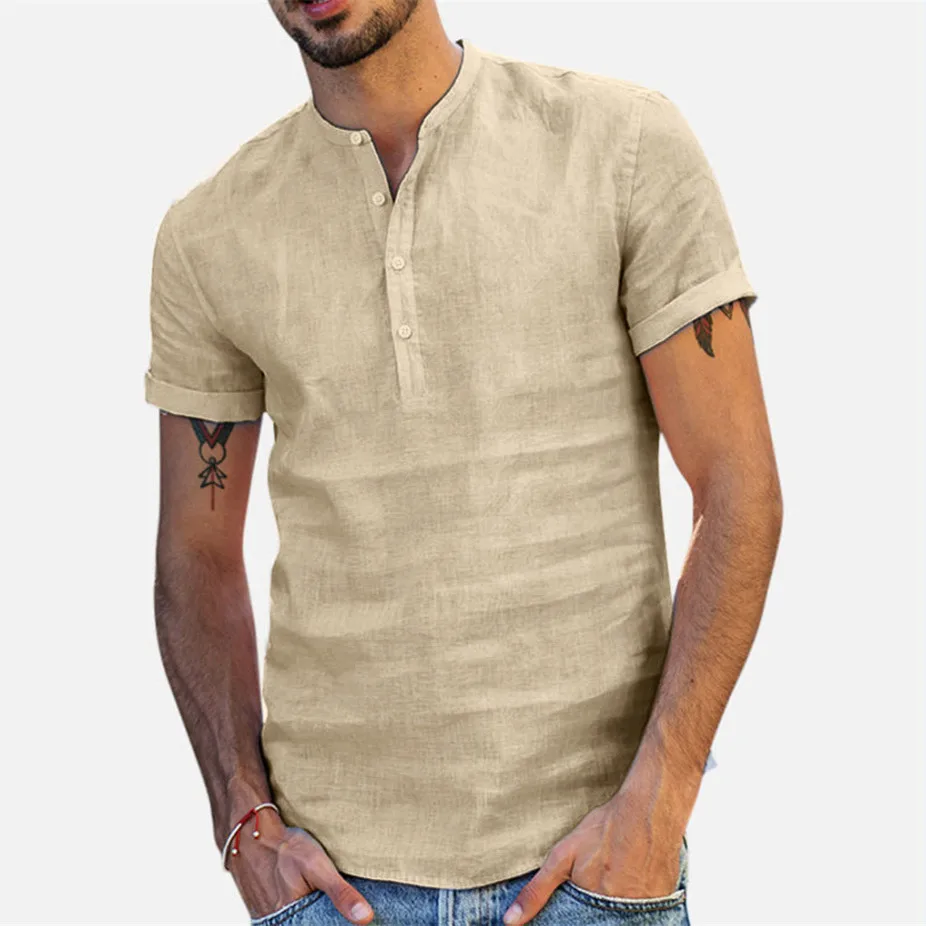 Men\'s Cotton Linen Shirt Summer Short Sleeved Mens Designer Clothes Plain Shirt Fashion Tops Standing Collar Solid Color T-shirt