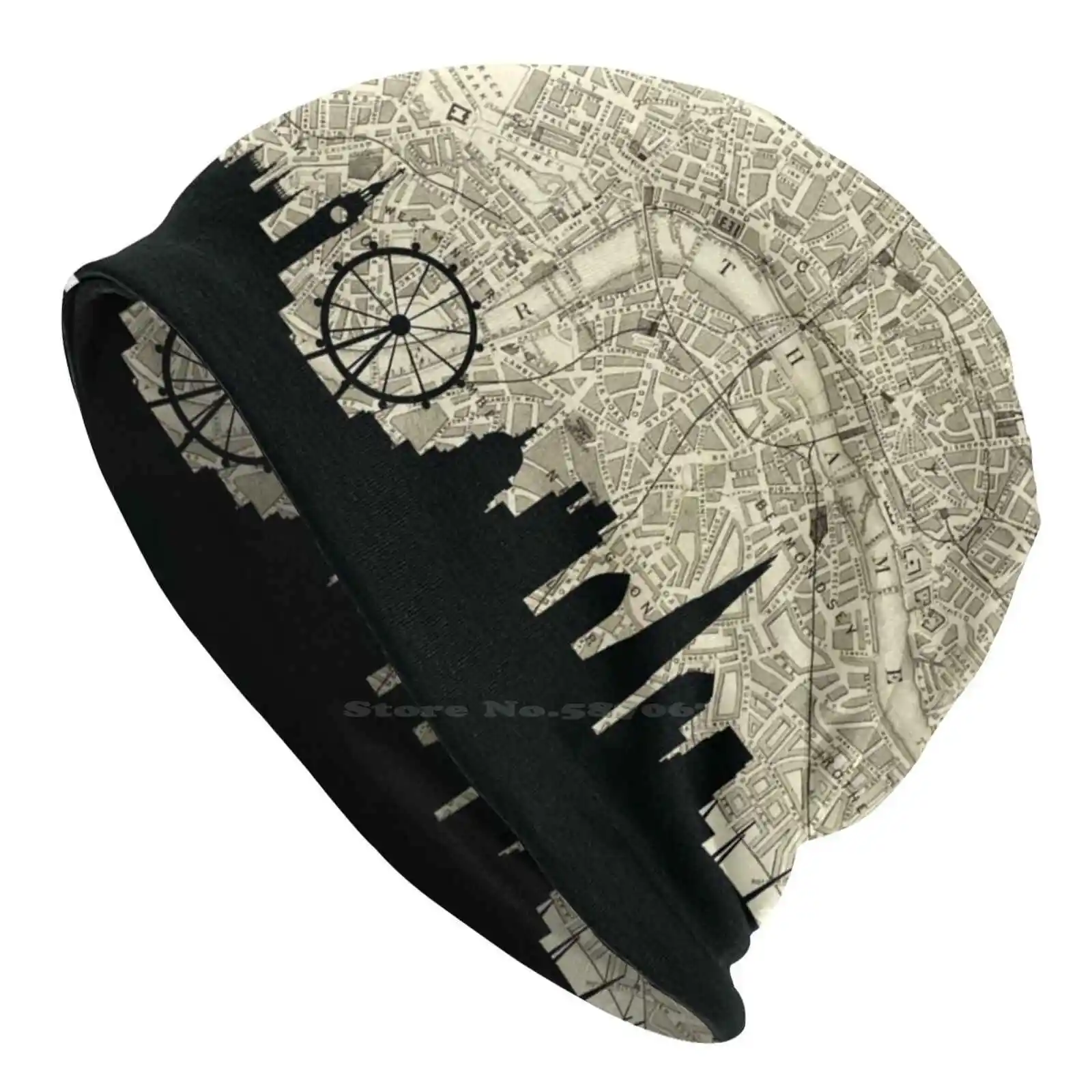 London Skyline Over Vintage Map Knitted Hat Warm Beanie Outdoor Caps Skyline Map London