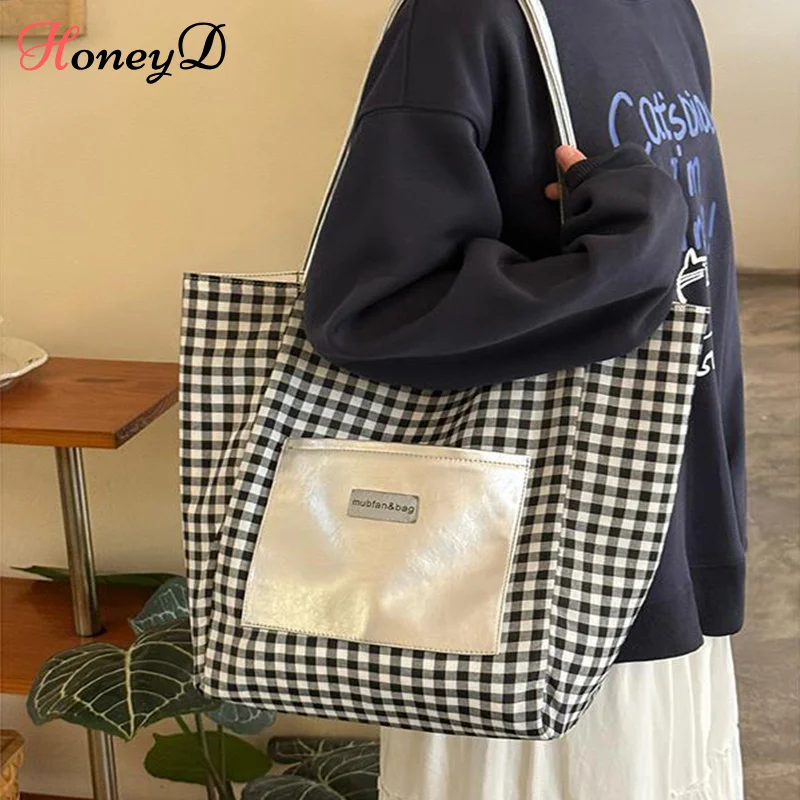 

Korean Style Retro Plaid Shoulder Bag Canvas Handbags For Women Large Capacity Tote Bags For Women Female Silver Pu Bag