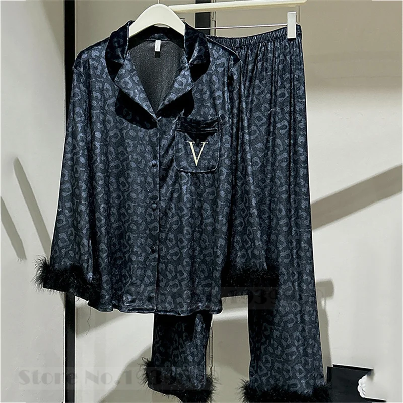 New Velvet Pajamas Sexy Luxury Leopard Feathers Female Loungewear Sleepwear Trouser Suits Autumn Winter Velour Homewear Pyjama