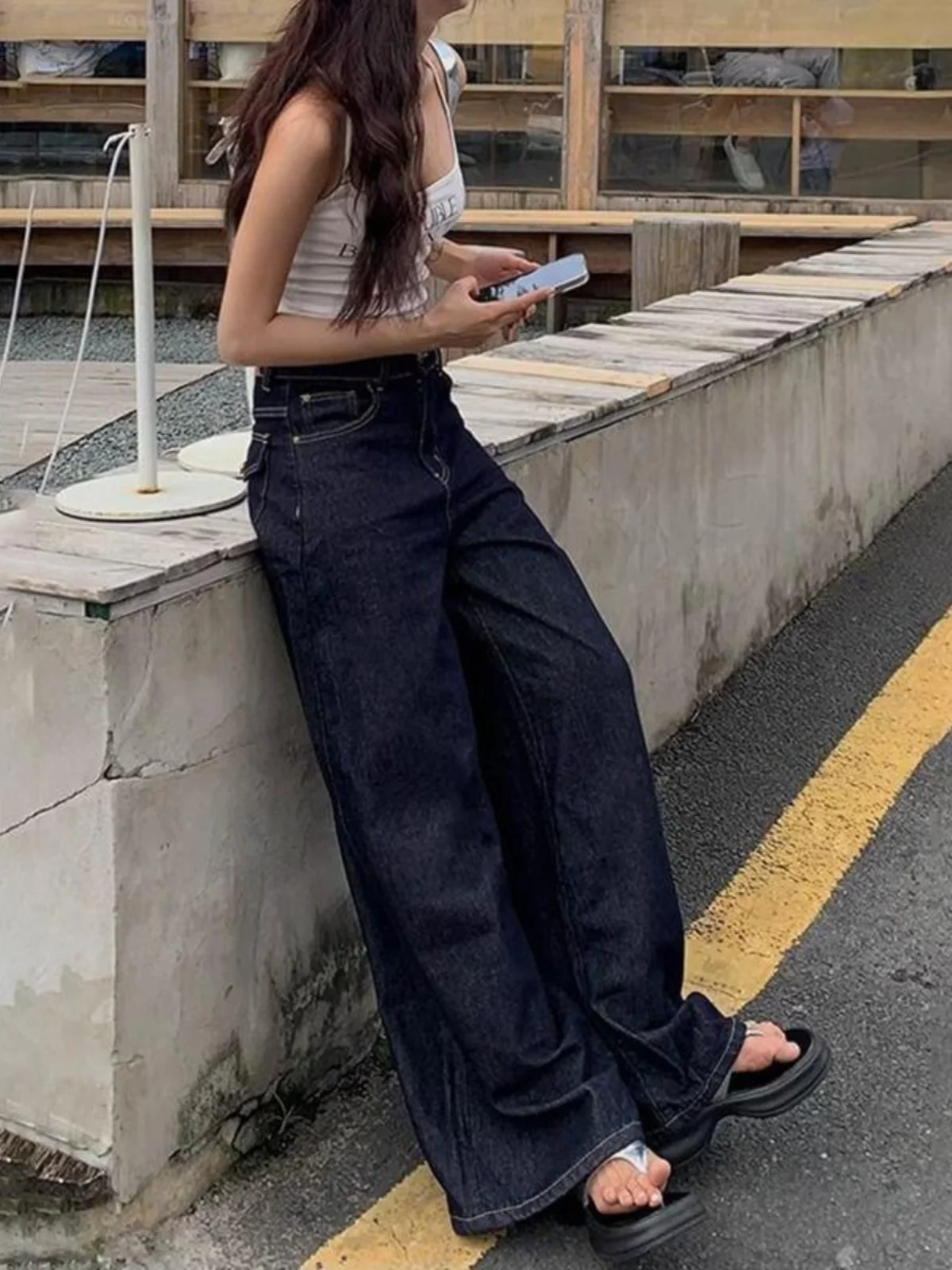 

Женские джинсовые брюки с высокой талией в стиле ретро, свободные свободные прямые широкие брюки с широкими штанинами, осенняя одежда, повседневная одежда на молнии C...