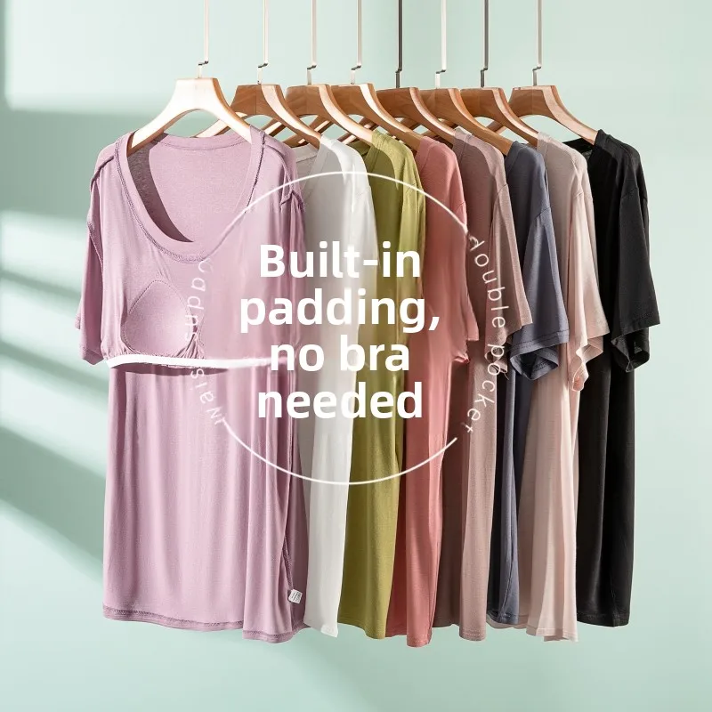 Women's Modal Short Sleeve T-Shirt Mid-Length Thin Summer Top with Chest Pad No Bra Needed Summer Outerwear Loose Fit