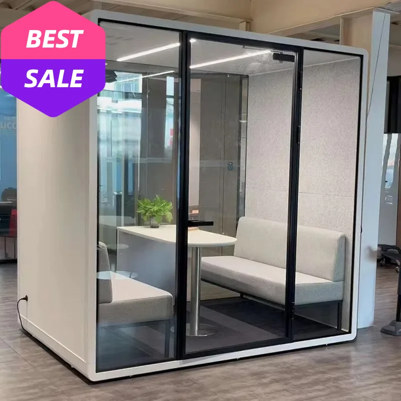 Customizable 4-Person Soundproof Phone Booth Movable Glass Office Meeting Room for Hotels and Warehouses