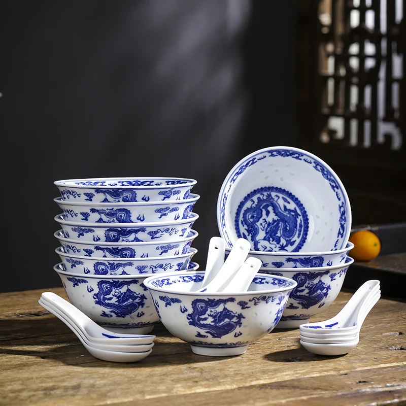 10pcs Jingdezhen Blue and White Porcelain Ceramic Bowl Underglaze Color Tableware Noodle Bowls Vintage Dragon Rice Bowls Kitchen