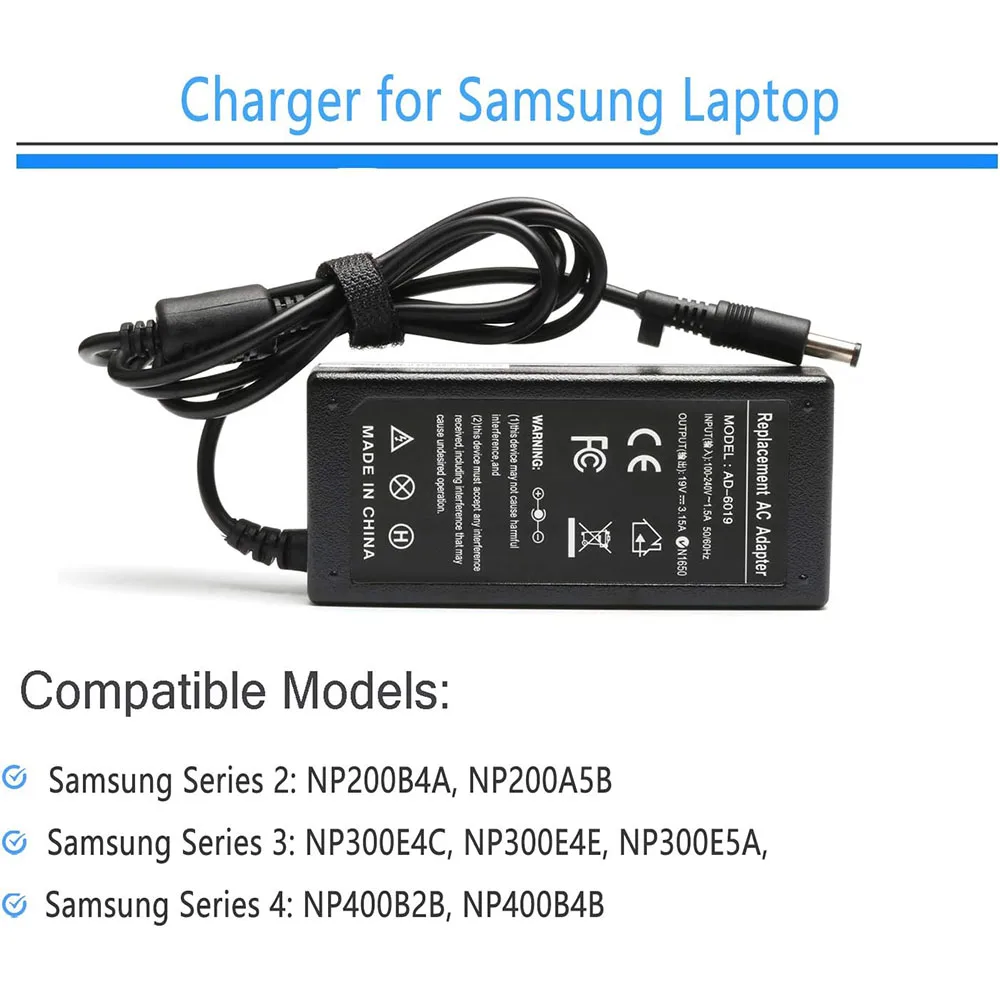 19V 3.15/3.16A AC Power Adapter Charger for Samsung AD-6019R 0335A1960 CPA09-004A Q430 QX410-S02US RV510-A02 QX410 Q430 P560