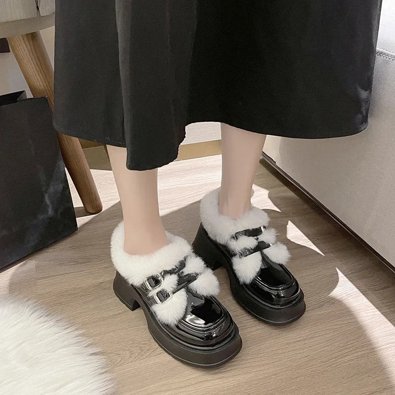 

2024 Autumn and Winter New Mary Jane Small Leather Shoes for Women British Style Thick Sole Warm Woolen Cotton Shoes