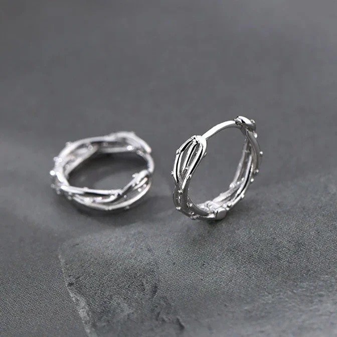 Real 925 Sterling Silver Thistles and Thorns Cross Round Hoop Earrings for Women Trendy Fine Jewelry Minimalist Accessories