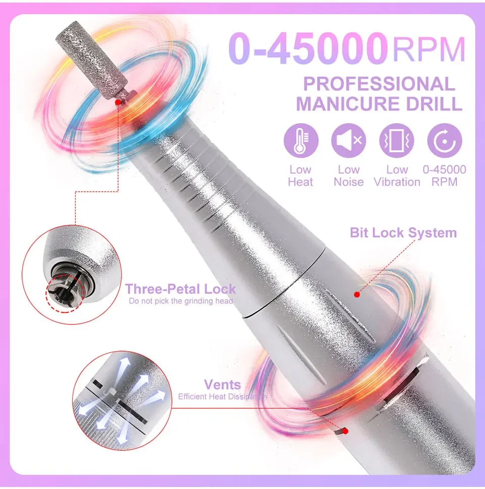 45000RPM Rechargeable Electric Nail Drill Machine Professional Nail Drills for Gel Nails Polish Portable Nail File Manicure Tool