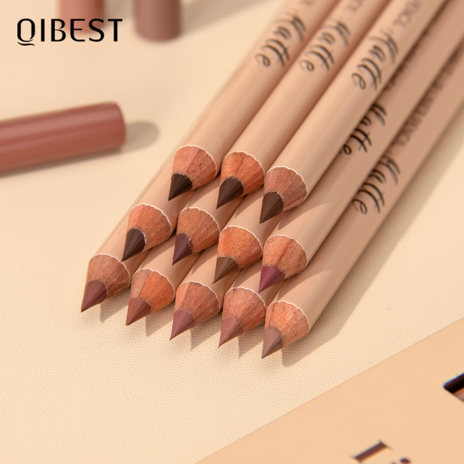 QIBEST 12-Farben-Set aus Naturholz, matt, Lippenstift und Lipliner, Nude, langanhaltendes, wischfestes Lipliner-Set