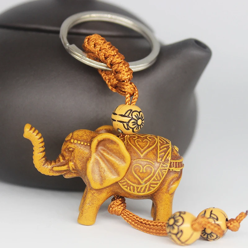 Cute Animal Elephant Keychain Carving Riches Lucky Animal Key Chain Pendant Engraving Lifelike Elephant Pendant Bags Keychain