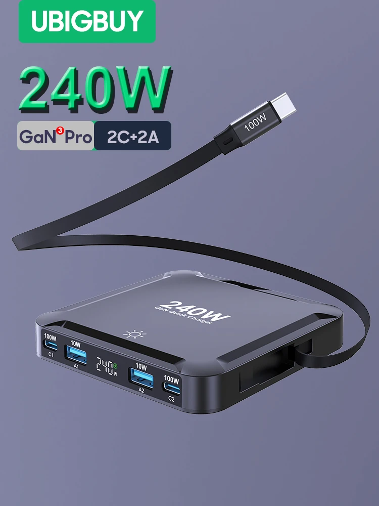Ubigbuy 240W GaN-oplader Digitaal display Snel laadstation met 100W USB C intrekbare kabel voor iPhone 17 Samsung MacBook - afbeelding 2