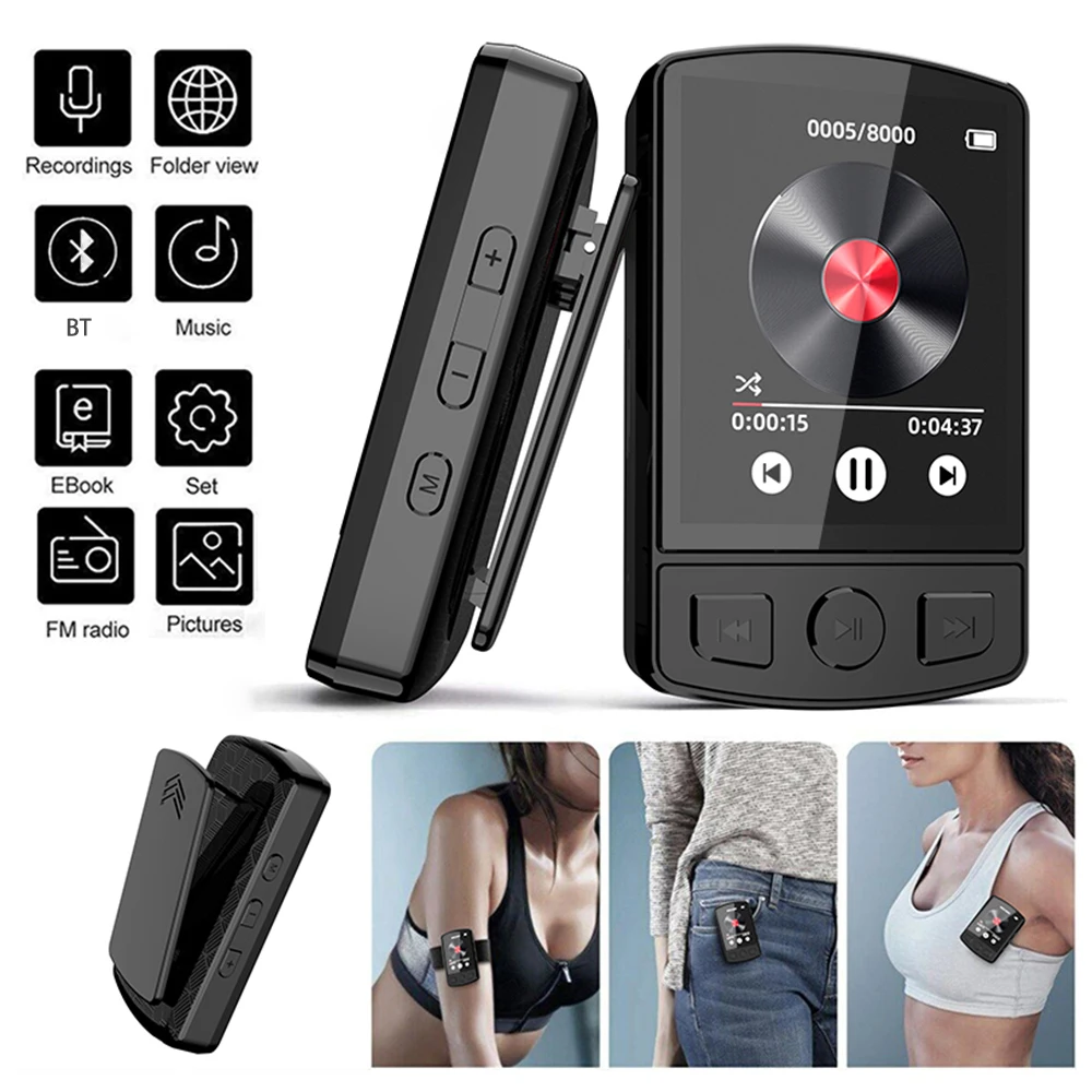 Esporte Bluetooth MP3 Player, Clipe Portátil, Mini Música Walkman com Tela, Qualidade de Som Perdido, Gravação, E-Book, Reprodução de Vídeo